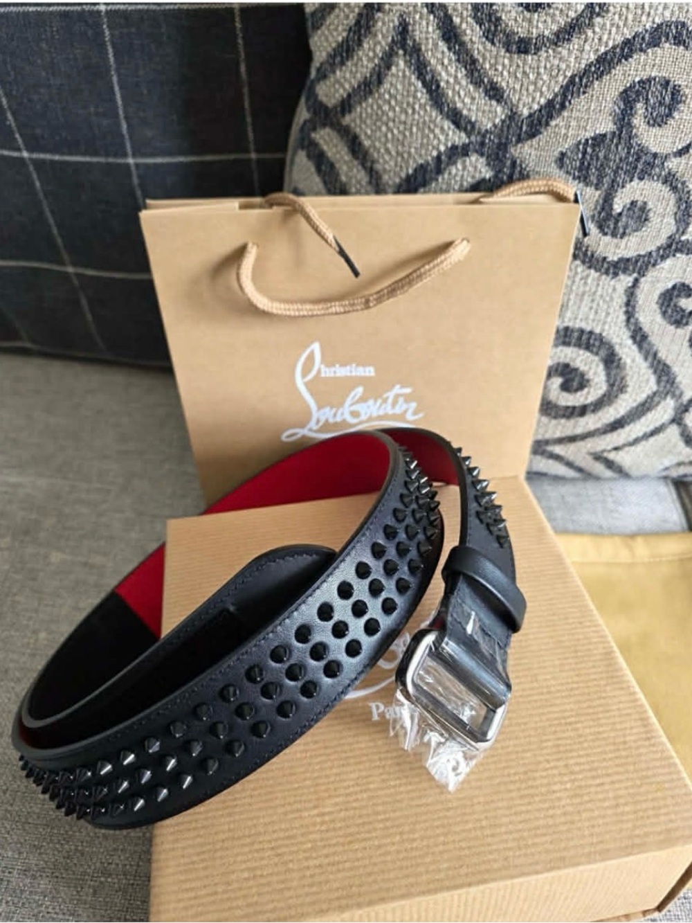 Christian Louboutin Black Leather Studded Belt with Red Interior